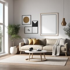 poster frame mock-up on modern living room interior. minimalist fucnitures