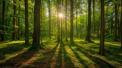 Fototapeta premium Beautiful forest panorama with bright sun shining through the trees , ai