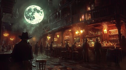 A Cowboy Stands Outside a Saloon Under a Full Moon