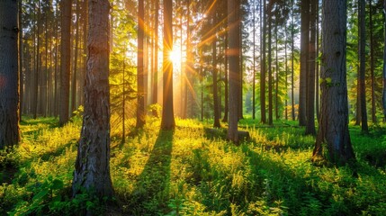 Obraz premium Beautiful forest panorama with bright sun shining through the trees , ai