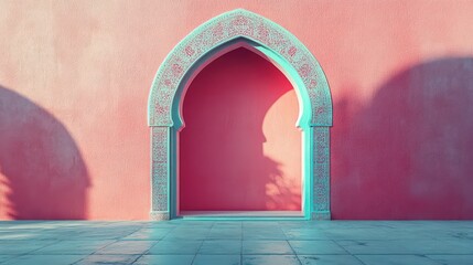 Architectural archway on a vibrant pink wall at sunset