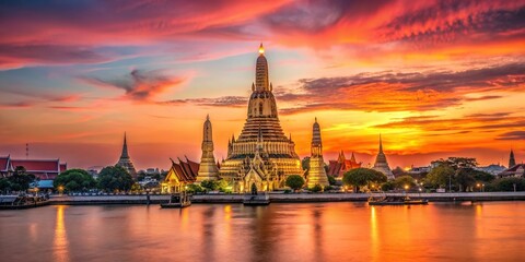 A mesmerizing view of Wat Arun one of Bangkok s iconic landmarks illuminated by the warm hues of the sunset creating a beautifully balanced depth of field, tourism, Bangkok