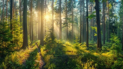 Beautiful forest panorama with bright sun shining through the trees , ai