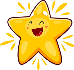 Cute kawaii star character. Cartoon cheerful and happy yellow twinkle with a wide smile. Isolated vector joyful space toon personage radiating cuteness and happiness, pure celestial delightful charm © Vector Tradition