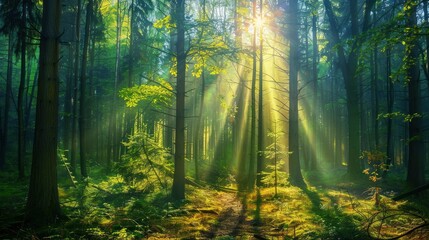 Obraz premium Beautiful forest panorama with bright sun shining through the trees , ai