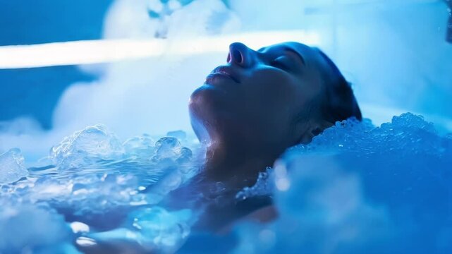 Relax in an ice bath for cryotherapy, surrounded by swirling vapor. Rejuvenate body and mind, promoting wellness and relaxation