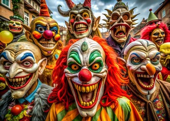 Obraz premium Distorted faces contorted in twisted grins, eyeless skulls caper and writhe like macabre puppets, as the walls bleed darkness and screaming chaos echoes through the void.