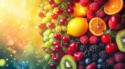 Colorful Assortment of Fresh Fruit and Berries with a Sunlit Background