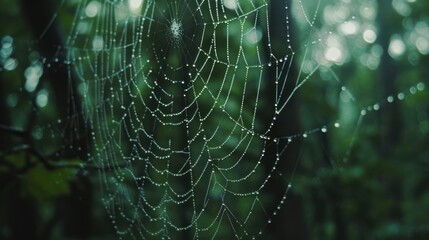 Dew-Covered Spider Web in Forest