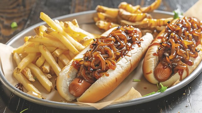 Tray of barbecue hot dogs topped with caramelized onions and served with a side of crispy fries