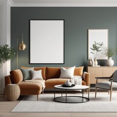 poster frame mock-up on modern living room interior. minimalist fucnitures