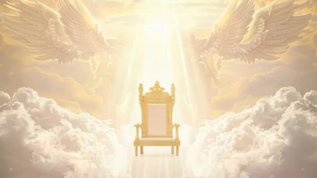Animation of majestic golden throne of god in heaven in the sky surrounded white clouds and divine light. Second coming of Jesus Christ. Biblical scene. Christian religion concept