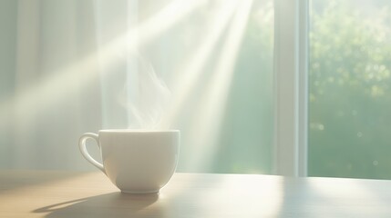 The steam from the coffee cup creates a warm and cozy atmosphere