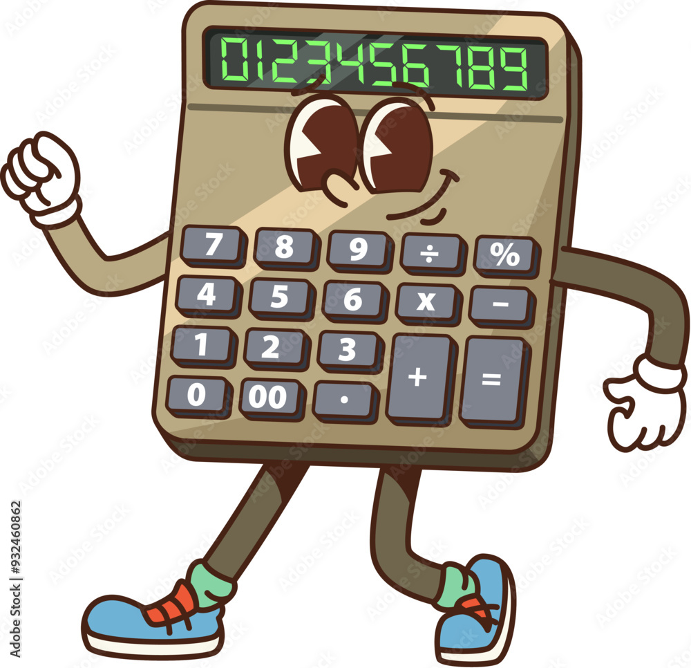 Fototapete cartoon groovy school calculator character. isolated vector quirky and fun office supply with expres