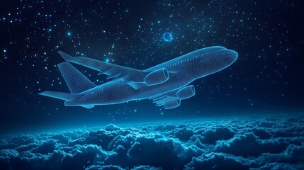 Digital 3d airplane flying over clouds. Abstract vector wireframe of airliner in the sky. Travel, tourism, business, transportation concept. Low poly dark blue mesh with dots, lines and glowing stars 