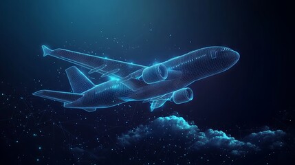 Digital 3d airplane flying over clouds. Abstract vector wireframe of airliner in the sky. Travel, tourism, business, transportation concept. Low poly dark blue mesh with dots, lines and glowing stars 