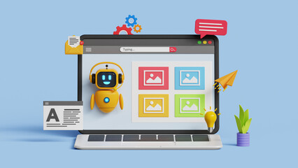 Prompt engineering of using artificial intelligence. Photo processing or AI image creation technology. Use AI on a laptop to generate images. 3D illustration