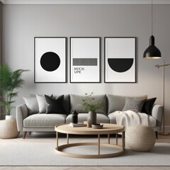 poster frame mock-up on modern living room interior. minimalist fucnitures