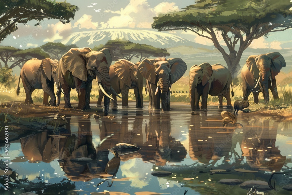 Poster elephants drink water from a calm river while surrounded by lush trees under the glow of a setting s
