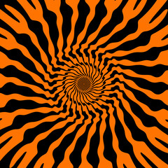 Psychedelic Halloween spiral pattern. Dynamic black and orange vortex waves. Vector illusion of continuous motion and energy, trippy whirlpool, distorted twirl background, surreal fractal abstraction