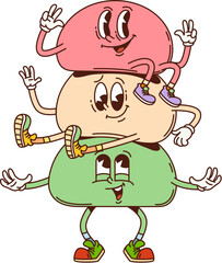 Cartoon retro groovy Japanese mochi dessert characters, vector happy sweets. Groovy mochi dessert with funny face and funky silly smiles sitting on each other for Japanese cuisine food character