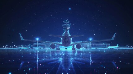 Digital airplane standing on runway, airport buildings, plane taking off, shuttle bus, control tower. Airport low poly wireframe concept in dark blue. Abstract vector mesh with dots, lines and stars