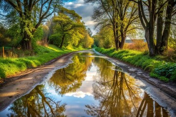 A narrow road winds through a deep puddle along the riverbank creating an asymmetrical and adventurous scene, countryside, deep puddle, environment, riverbank, scenic,road, adventurous