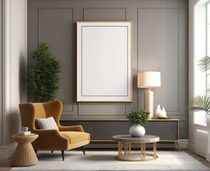 poster frame mock-up on modern living room interior. minimalist fucnitures