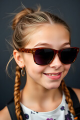 Naklejka premium A young girl wearing stylish sunglasses, smiling confidently. She has a playful expression.