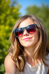 A young girl wearing stylish sunglasses, smiling confidently. She has a playful expression.