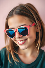 Naklejka premium A young girl wearing stylish sunglasses, smiling confidently. She has a playful expression.
