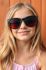 Naklejka premium A young girl wearing stylish sunglasses, smiling confidently. She has a playful expression.