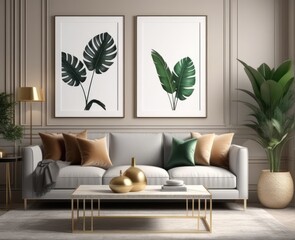 poster frame mock-up on modern living room interior. minimalist fucnitures