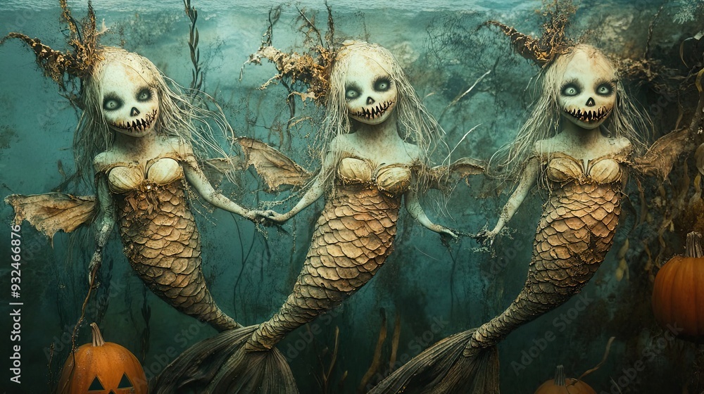 Canvas Prints Three Spooky Mermaids with Pumpkin Decorations