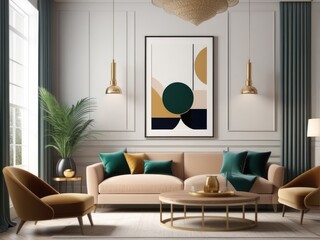 poster frame mock-up on modern living room interior. minimalist fucnitures