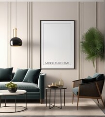 poster frame mock-up on modern living room interior. minimalist fucnitures