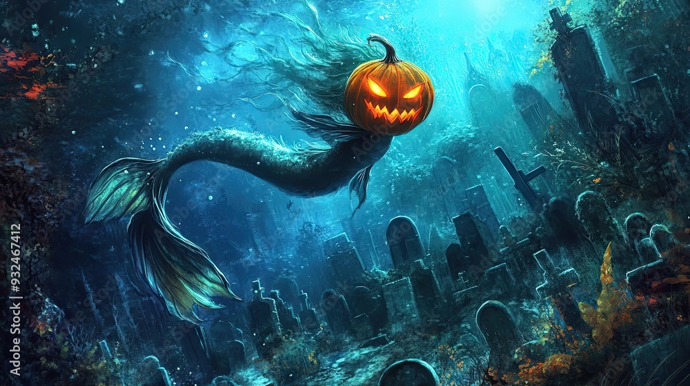 Canvas Prints A Jack-o'-Lantern Mermaid in an Underwater Graveyard