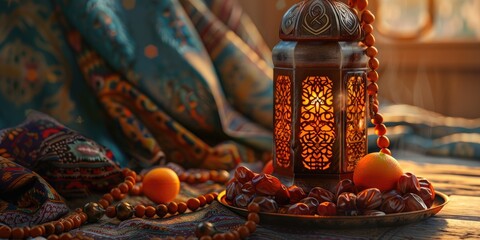 Vintage Arabian Lantern with Islamic Prayer Beads Oriental Holiday Decor with Dates Fruits