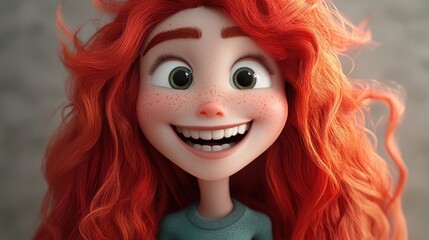 Obraz premium 3D Cartoon Character with Long Red Hair and a Big Smile Close Up Studio Shot