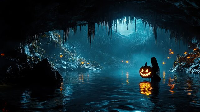 A Mysterious Figure Holding a Jack-o'-Lantern in a Dark Cave with a Watery Lake