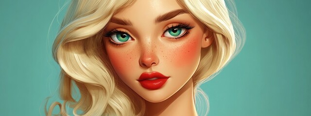 Fototapeta premium 3D Cartoon Portrait of a Beautiful Lady with Blonde Hair and Vibrant Makeup