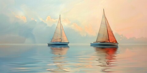 Fototapeta premium Delightful small vessels gently glide across serene waters, embodying straightforwardness and freedom, while carrying tales of exploration and serenity.