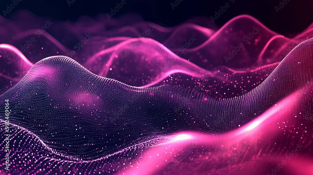 Poster abstract pink and purple wave pattern with glowing particles.