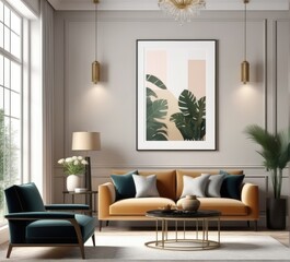 poster frame mock-up on modern living room interior. minimalist fucnitures