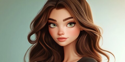 Fototapeta premium 3D Cartoon Portrait of a Gorgeous Young Brunette Woman Gazing at the Viewer