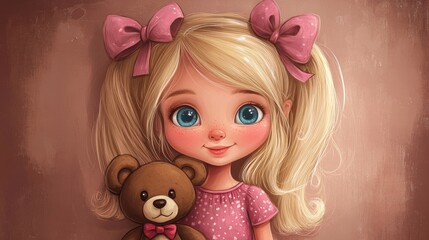 Fototapeta premium Blonde Girl Cartoon with Big Bow and Teddy Bear
