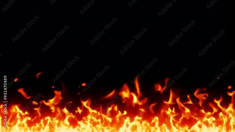 Poster abstract frame with animation of orange fire energy effect with flying particles and sparks on black