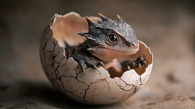 Small Spiky Dragon Hatchling Emerging from a Cracked Egg