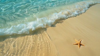 Obraz premium Serene beach scene with gentle ocean waves washing over golden sand and a starfish in the foreground.