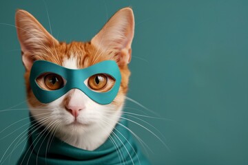 Ginger and white cat dressed teal superhero mask and cape looking directly at camera symbolizing creativity fun and quirky side of pets for playful pet content and imaginative marketing
